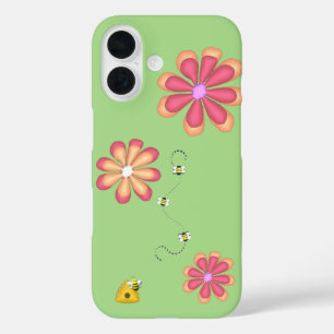 Coque Pour iPhone 16 Abeilles à fleurs colorées vives dessinées à la ma