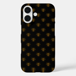 Coque Pour iPhone 16 Abeilles en feuille métallique dorée sur fond noir