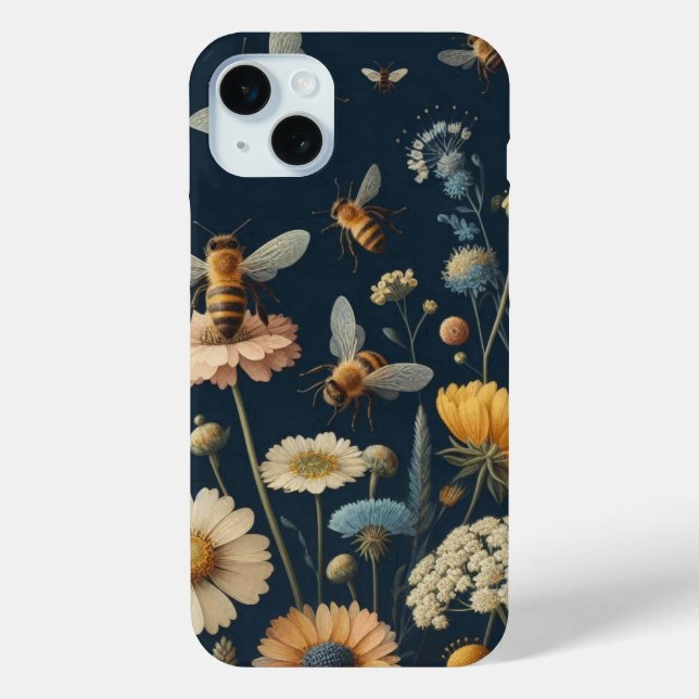 Coques Case-Mate iPhone Abeilles et Fleurs sauvages en bleu foncé (Verso)