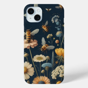 Coque Case-Mate iPhone Abeilles et Fleurs Sauvages sur Fond Bleu Foncé