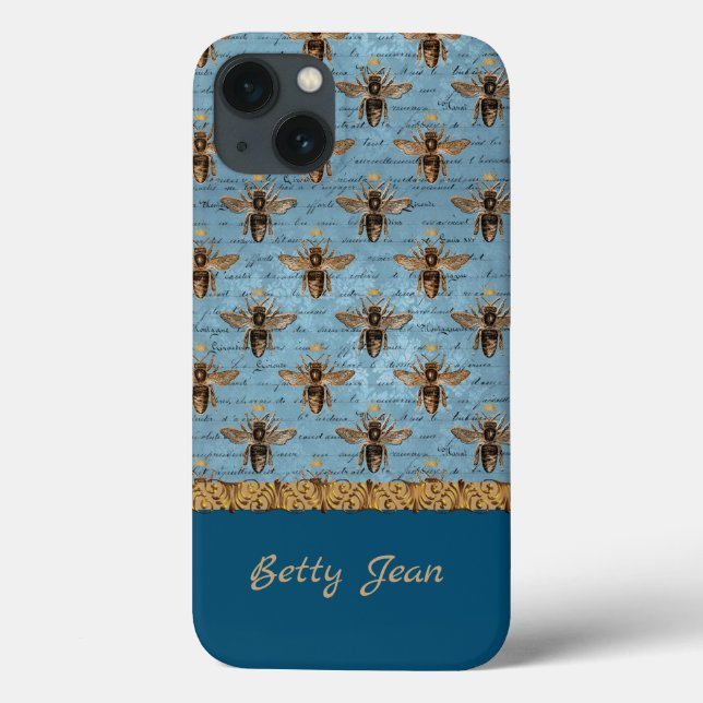 Coques Case-Mate iPhone Abeilles vintages sur Damas bleu avec écriture man (Verso)