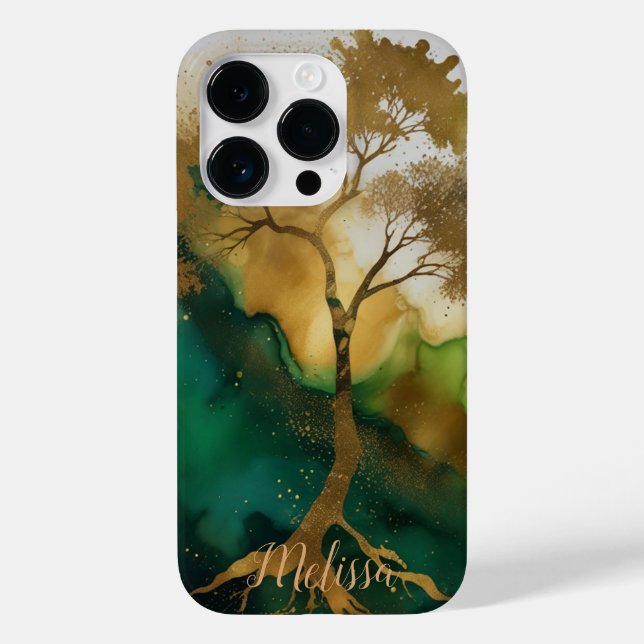Coques Case-Mate iPhone Abstrait Fluid green Gold tree Personnalisez le no (Verso)