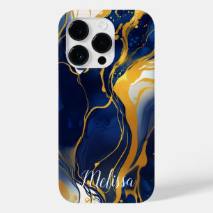 Coque Case-Mate iPhone Abstrait Fluid Navy Blue Gold Personnalisez le nom