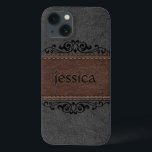 Etui iPhone 13 Accents Floraux Noir Et Brown En Cuir Noir<br><div class="desc">Image de look vintage vieilli,  cuir cousu noir et marron avec élément floral noir accent et monogramme personnalisable.</div>
