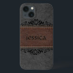 Etui iPhone 13 Accents Floraux Noir Et Brown En Cuir Noir<br><div class="desc">Image de look vintage vieilli,  cuir cousu noir et marron avec élément floral noir accent et monogramme personnalisable.</div>