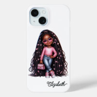 Adorable Black Girl Chibi Art avec Accents rose