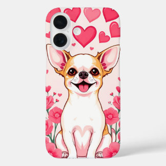 Coque Pour iPhone 16 Adorable Chihuahua aux Coeurs Roses