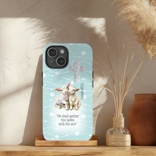 Coques Case-Mate iPhone Adorable Pastel Turquoise Lambes Florales Croix Bi (Créateur téléchargé)