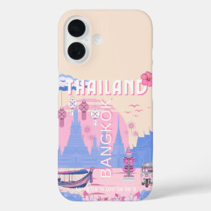 Coque Pour iPhone 16 Affiche de voyage pastel bleu rose de Bangkok Thaï