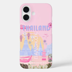 Coque Pour iPhone 16 Affiche de voyage rose pastel bleu de Bangkok Thaï