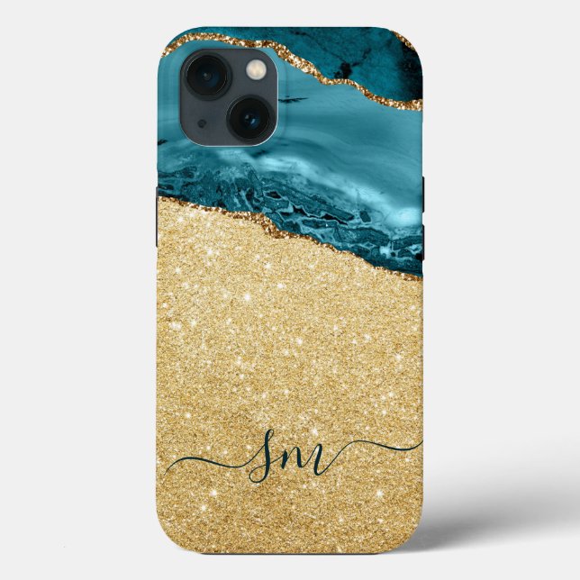 Coques Case-Mate iPhone Agate Bleu turquoise Monogramme Script Pierre Or (Verso)