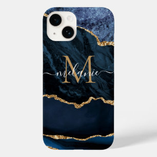 Coque Case-Mate iPhone Agate Marine Blue Gold Marbre Votre nom Lettre Cad