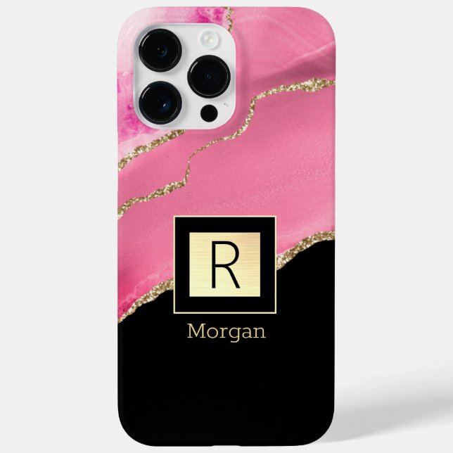 Coques Case-Mate iPhone Agate rose, nom et monogramme, boîte noire et or (Verso)