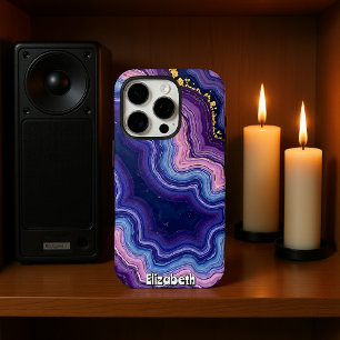 Coque iPhone 16 Pro Agate violette ondulée avec éclisses d'or