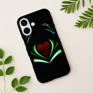 Coques iPhone 16 Ailes de l'énergie du coeur du néon noir radiant