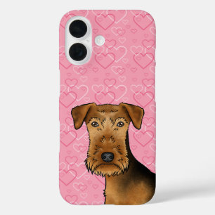 Coque Pour iPhone 16 Airedale Terrier Cute Chien Tête Sur Coeurs Rose