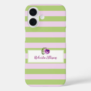 Coque Pour iPhone 16 Ajouter Votre Nom Floral Aquarelle Rose Bandes