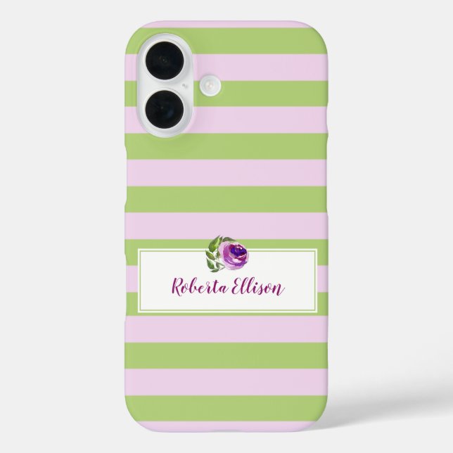 Coques Case-Mate iPhone Ajouter Votre Nom Floral Aquarelle Rose Bandes (Verso)