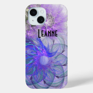 Coque Pour iPhone 15 Ajouter Votre Nom Purple Blue Lacy Abstraite Fleur