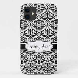 Coque Case-Mate Pour iPhone Ajoutez votre damassé noire et blanche élégante