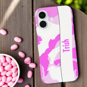 Coques iPhone 16 Ajoutez Votre Nom Motif Camouflage Rose Blanc