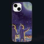 Coque Pour iPhone 14 Aliens de science-fiction vintages sur Blue Planet<br><div class="desc">Illustration vintage aliens et robots de science-fiction futuristes en image spatiale. Un dessin classique de bandes dessinées mettant en vedette des astronautes aliens amicaux sur une planète étrangère ou une lune dans une station spatiale qui regarde et agite sur la Terre. Les étoiles scintillent dans le ciel nocturne.</div>