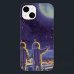 Coque Pour iPhone 14 Aliens de science-fiction vintages sur Blue Planet<br><div class="desc">Illustration vintage aliens et robots de science-fiction futuristes en image spatiale. Un dessin classique de bandes dessinées mettant en vedette des astronautes aliens amicaux sur une planète étrangère ou une lune dans une station spatiale qui regarde et agite sur la Terre. Les étoiles scintillent dans le ciel nocturne.</div>