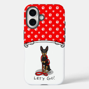 Coque Pour iPhone 16 Allons-y ! Promenade du Pinscher nain (noir et feu