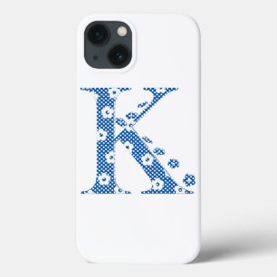 Etui iPhone 13 alphabet fleuri K (bleu et points)