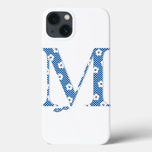 Coques Case-Mate iPhone alphabet fleuri M (bleu et points) (Verso)