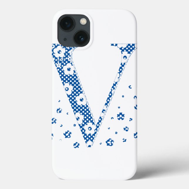 Coques Case-Mate iPhone alphabet fleuri V (bleu et points) (Verso)