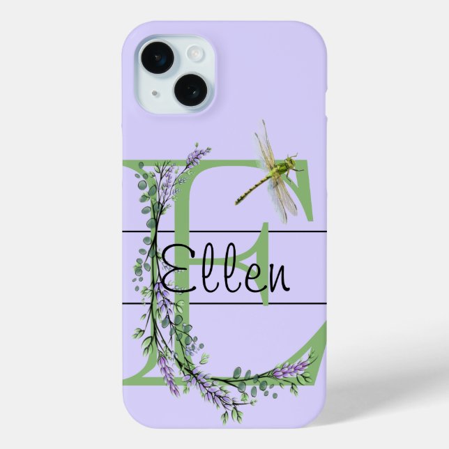 Coques Case-Mate iPhone alphabet monogramme E Lavender Eucalyptus Dragonfl (Verso)