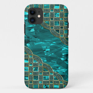 Coques Pour iPhone Aluminium vert turquoise, trellis d'or de parties