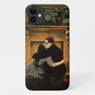 Coque iPhone 11 Amour et romance vintage, baiser de cheminée roman