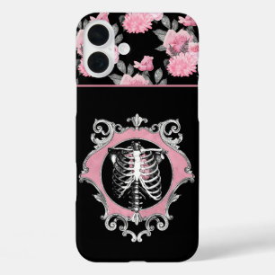 Coque Pour iPhone 16 Plus Amour gothique Squelette rose et noir Coeur flor