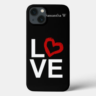 Etui iPhone 13 AMOUR, Noir et Blanc avec Coeur Rouge Sketched