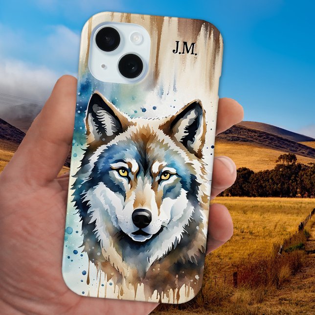 Coques Case-Mate iPhone Amoureux des animaux Wolf aquarelle (Animal phone case featuring a watercolor painting of a wolf. You can add your custom initials.)