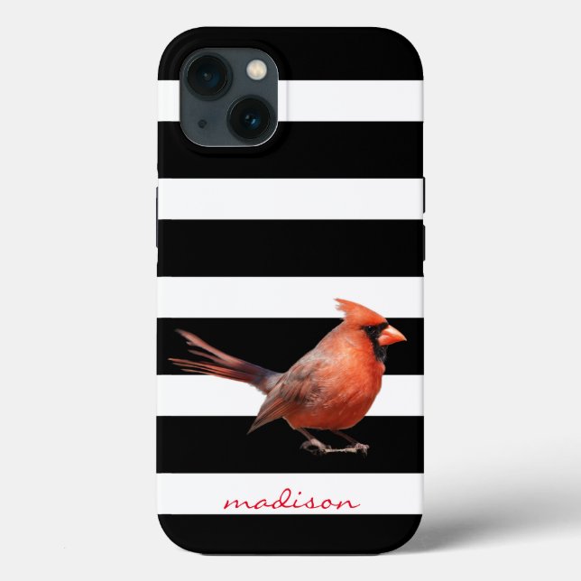 Coques Case-Mate iPhone Amoureux des oiseaux ! Cardinal rouge sur B&W Stri (Verso)