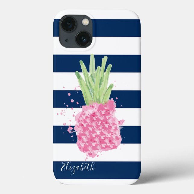 Coques Case-Mate iPhone Ananas Aquarelle Tropical ,Rayures Bleu Marine  (Verso)