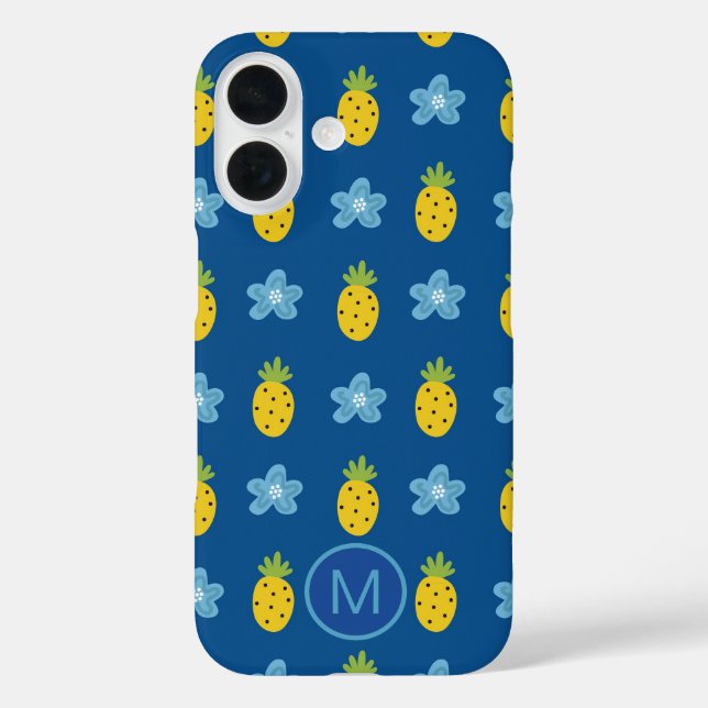 Coques Case-Mate iPhone Ananas et fleurs bleues Monogramme (Verso)