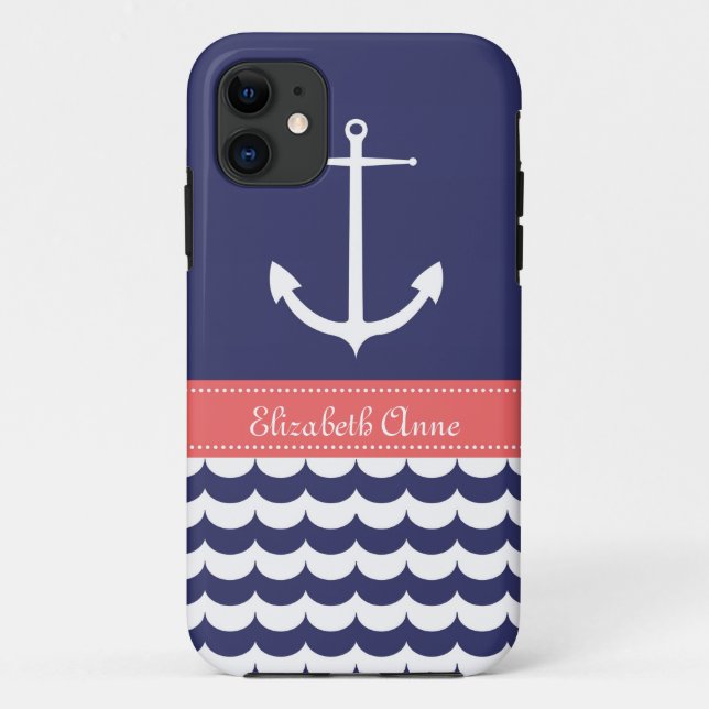Coques Case-Mate iPhone Ancre avec des vagues et nom fait sur commande (Dos)