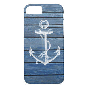 Coque iPhone 8/7 Ancre blanche et bois bleu vintage