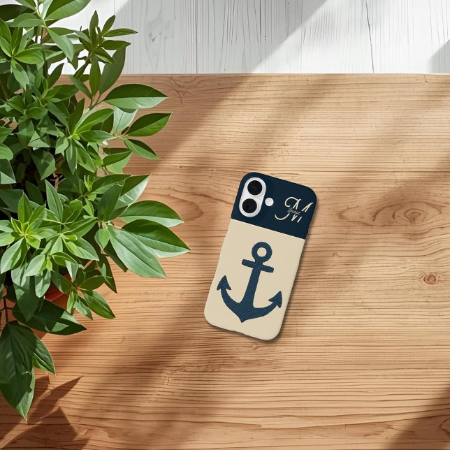 Coques Case-Mate iPhone Ancre bleu marine avec Monogram Beige Coastal (Créateur téléchargé)