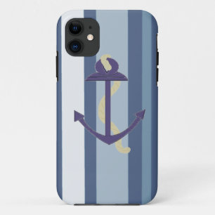 Coque iPhone 11 Ancre bleue sur fond rayé