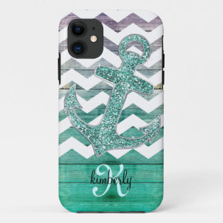 Coque iPhone 11 Ancre Chevron en bois de parties scintillantes de
