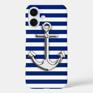 Coque Pour iPhone 16 Ancre de chrome sur des rayures de marine