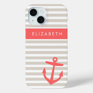 Coque Pour iPhone 15 Ancre de rayures beige et corail Monogramme