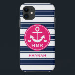 ETUI iPhone Case-Mate ANCRE DÉCORÉE D'UN MONOGRAMME DE ROSE ET DE MARINE<br><div class="desc">CES ANCRE MIGNONNE, DE TRÈS BON GOÛT ET GIRLY ET CONCEPTION ORIENTÉE NAUTIQUE DE RAYURES DANS LA MARINE BLEU-FONCÉ, TONALITÉS FUCHSIA ET BLANCHES DE ROSES INDIEN PEUVENT ÊTRE PERSONNALISÉES AVEC VOTRE NOM ET ÊTRE CUSTOMISÉES AVEC VOTRE MONOGRAMME ET TROIS INITIALES DE LETTRE SOUS LES COEURS. STUDIOS DE CHRISSY H. DE...</div>