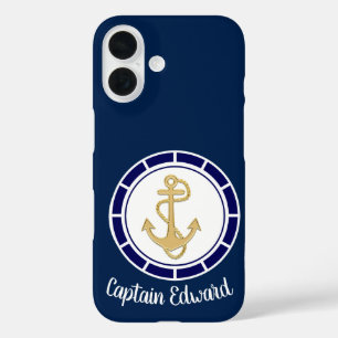 Coque Pour iPhone 16 Ancre dorée centrale Marine Bleu Nautique