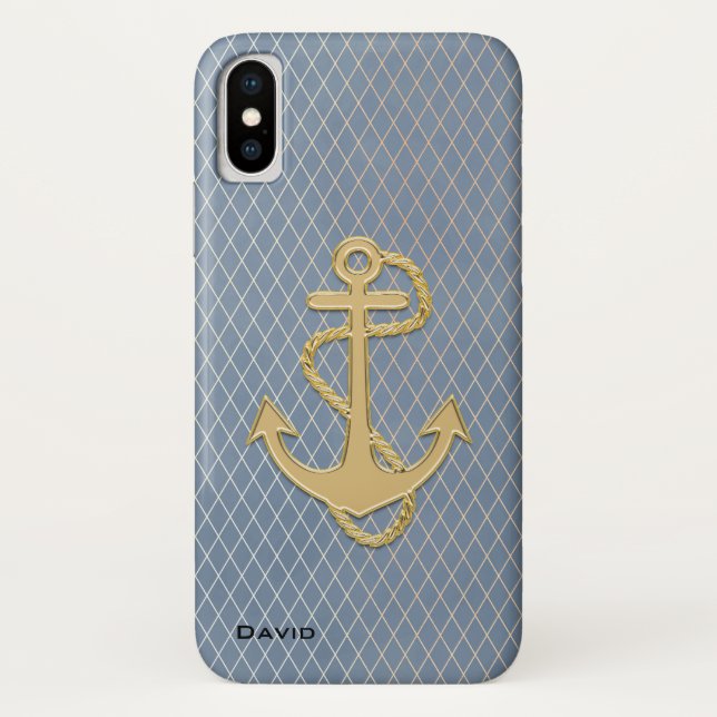 Coques Case-Mate iPhone Ancre dorée sur bleu personnalisé (Dos)